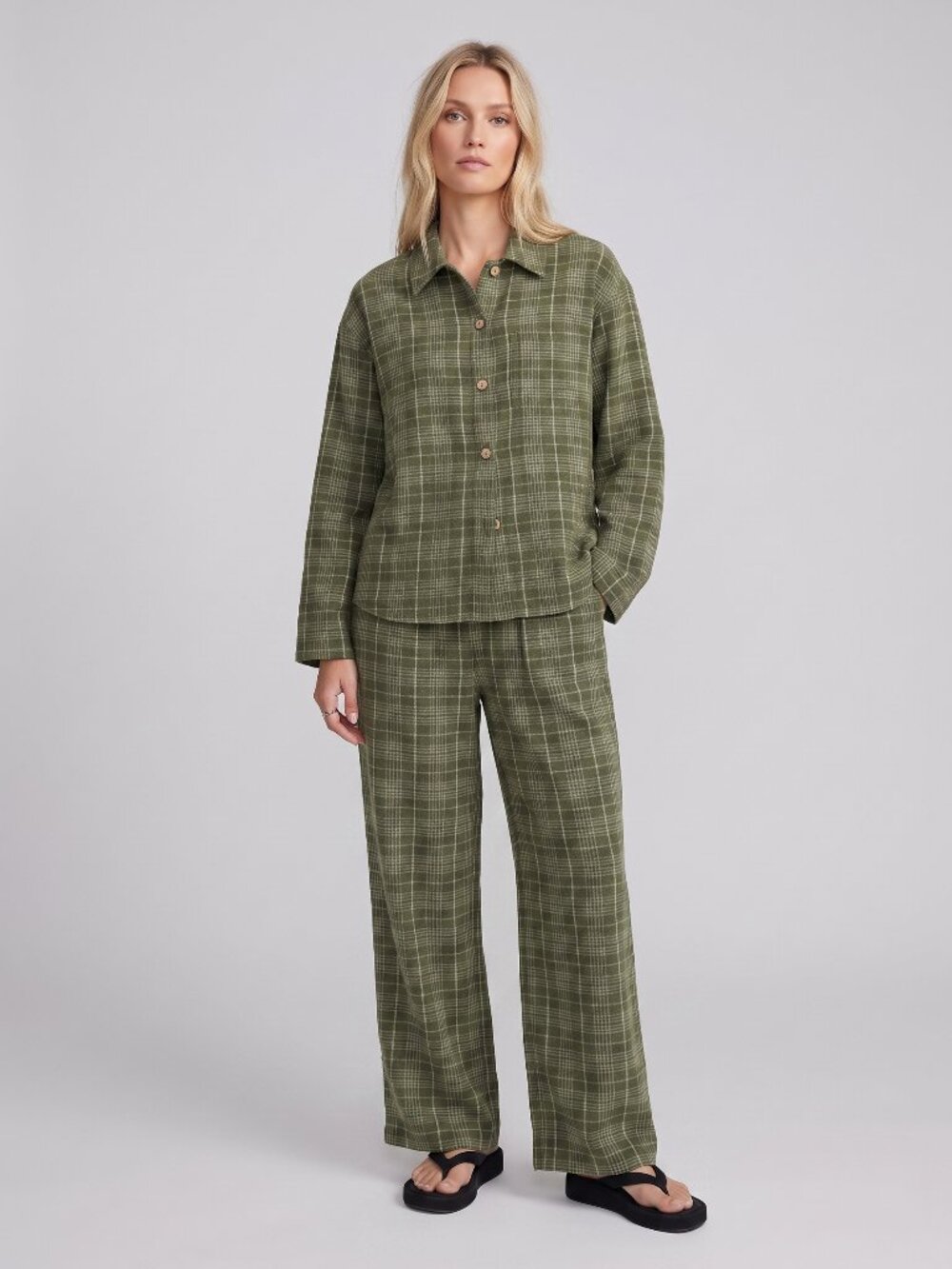 Women's Green Plaid Cotton Pajama Set Loose Button Shirt Wide Leg Pants